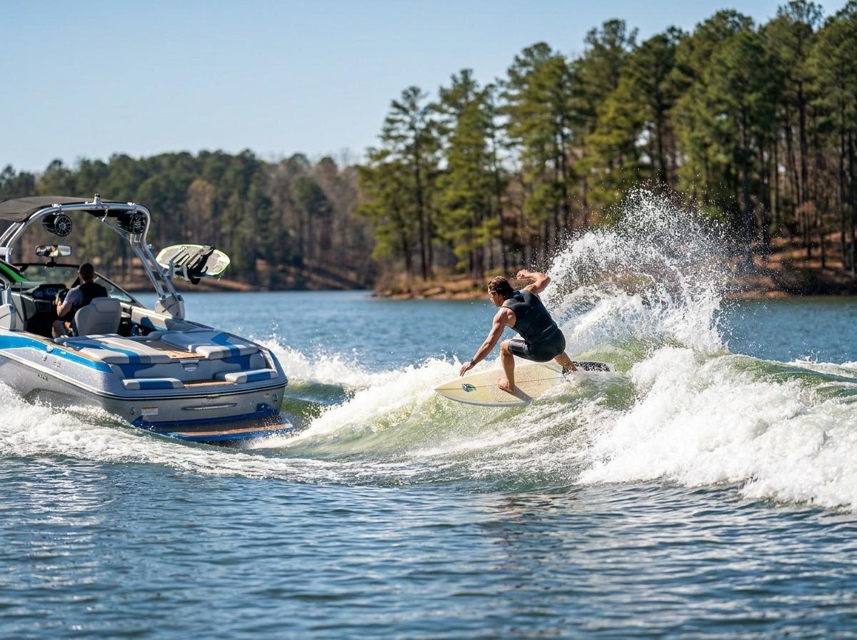 Wakesurfer carving a clean wave at golden hour on Lake Oconee